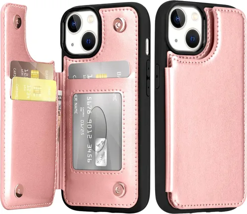 Miniatura 16 de Arae Funda para iPhone 13 con tarjetero - Funda tipo cartera con bolsillos para tarjetas de piel sintética con tapa trasera para iPhone 13 de 6.1