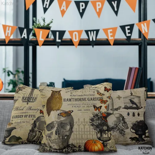 Miniatura 7 de KatchOn, Fundas de almohada vintage de Halloween de 18 x 18 pulgadas, paquete de 4 fundas de almohada de calavera Fundas de cojín de calabaza