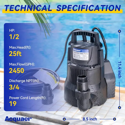 Miniatura 2 de Acquaer Bomba de sumidero automática de 1/2 HP, bomba de agua sumergible de 2450 GPH con adaptador de válvula de retención de manguera de jardín