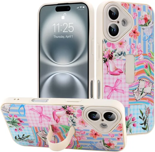 Miniatura 138 de Funda diseñada para iPhone 17 Pro Max con soporte plegable y correa para dedos, bonito patrón de lazo de corazón de flor rosa para mujeres y niñas