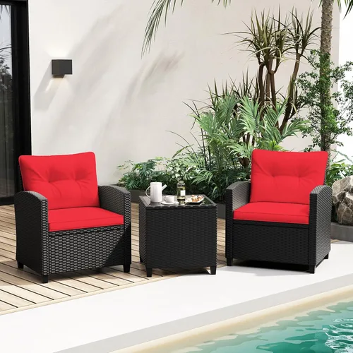 Miniatura 23 de RELAX4LIFE Juego de muebles de patio de 3 piezas, juego de conversación de mimbre con 2 sillones acolchados y mesa con tapa de cristal, juego