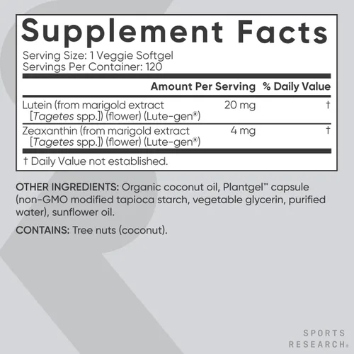 Miniatura 5 de Sports Research® Cápsulas de luteína y zeaxantina, suplemento de apoyo para la salud ocular hecho con Lute-Gen® y aceite de coco orgánico, apto