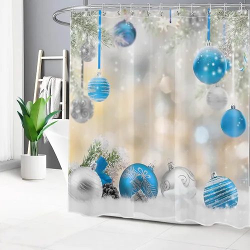 Miniatura 2 de LB Winter Christmas Shower Curtain Sets with Rugs Silver and Light Blue Xmas Ball in Winter Snow Scene Fabric Shower Curtain with Hooks New Year