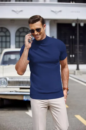 Miniatura 2 de COOFANDY Suéter de cuello alto falso para hombre, de manga corta, color sólido, básico, ajustado, de punto