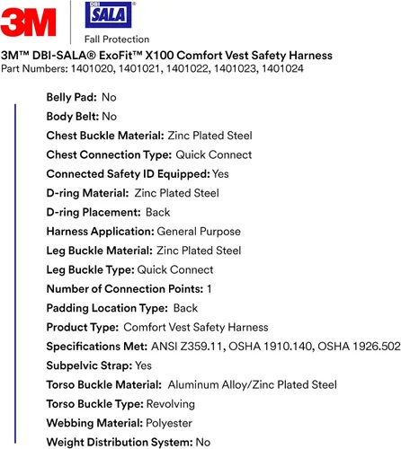 Miniatura 3 de 3M DBI-SALA ExoFit X100 Arnés de Seguridad de Chaleco Cómodo Protección contra Caídas, OSHA, ANSI, Uso General, 1 Conexión de Anillo en D, Hebillas