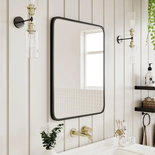 Miniatura 8 de AGDULL Armario negro de madera para baño de estilo vintage con espejo curvado de marco de metal negro de 16.5 x 24 pulgadas, gabinete de medicina