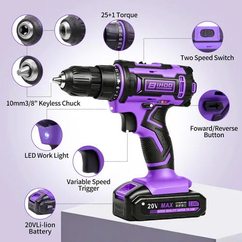 Miniatura 3 de Purple 20V Cordless Drill Electric Drill set, Electric Screwdriver with 2 Batteries & Charger, 3/8" Keyless Chuck, 25+1 Torque 2-Speed Hammer Drill