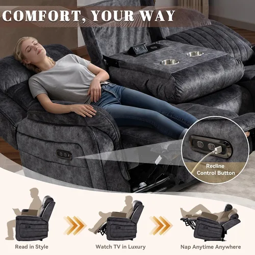 Miniatura 6 de Sofá biplaza reclinable eléctrico Zero Gravity con reposacabezas ajustables, sillón reclinable eléctrico con consola, sofá reclinable eléctrico de 2