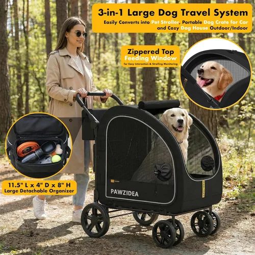 Miniatura 3 de PAWZIDEA Cochecito de perro 3 en 1 para perros grandes con transportador desmontable de hasta 100 libras, 45% extra alto para perros, jaula de auto