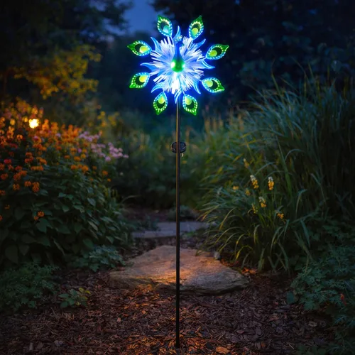 Miniatura 3 de Alpine Corporation Estaca giratoria de metal solar con luz LED de fibra óptica, decoración de patio, adorno cinético resistente a la intemperie