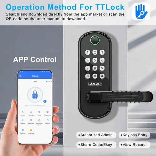 Miniatura 4 de B04 - Cerradura electrónica de puerta con teclado y asa, cerradura de puerta inteligente de entrada sin llave, control remoto por aplicación, Negro