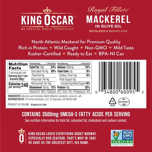 Miniatura 2 de King Oscar Caballa en aceite de oliva, lata de 4.05 onzas (paquete de 6, el embalaje puede variar), sin piel y sin hueso, caballa enlatada capturada