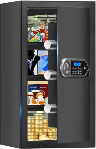 Miniatura 10 de Caja fuerte pequeña para uso doméstico, caja de seguridad digital con cerradura de combinación, estante extraíble y llaves de repuesto, caja fuerte