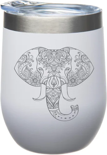 CM - Vaso de vino con doble aislamiento y tapa de 12 onzas, copa de vino sin tallo grabada con elefante de acero inoxidable con recubrimiento en