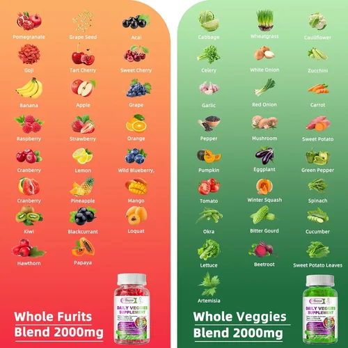 Miniatura 8 de Gomitas de frutas y verduras sin azúcar, súper verduras con 23 frutas y 25 verduras, minerales multivitamínicos y fibra, suplemento vegano de frutas