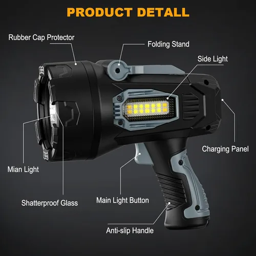 Miniatura 7 de Foco Recargable, 99000 Lúmenes Linterna LED Súper Brillante con Luz COB, 10000mAh Luces de Foco, Linterna de Mano para Caza Navegación Exterior