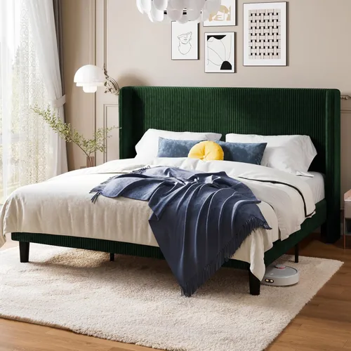 Miniatura 22 de Allewie - Base de cama tamaño Queen con cabecera tapizada de ala de respaldo, plataforma de cama de terciopelo corduroy acolchado con diseño Negro