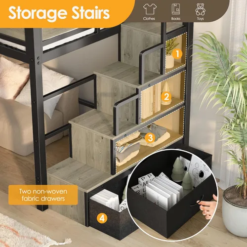 Miniatura 4 de Cama alta individual con escaleras, cama alta de metal resistente con almacenamiento y espacio debajo de la cama, más estable y segura