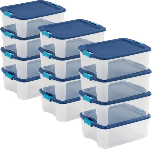 Sterilite Paquete de 12 contenedores de almacenamiento de plástico transparente con tapas de pestillo y asas de agarre completo, 12 galones