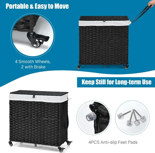 Miniatura 5 de GOFLAME Cesta de lavandería con tapa y ruedas, cesta de ratán tejida a mano de 125 litros con 3 secciones divididas, asas, 2 bolsas extraíbles