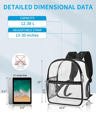 Miniatura 2 de Mini mochila transparente aprobada para estadios con correa ajustable, impermeable, transparente, PVC para trabajo, viajes, conciertos, playa