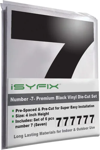 Miniatura 52 de iSYFIX Calcomanías de vinilo negro con el número 7 (siete), paquete de 6 calcomanías autoadhesivas de 7 pulgadas, calcomanías troqueladas y Negro