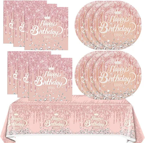 41 piezas de decoración de fiesta de cumpleaños de oro rosa - Suministros de tema rosa y oro - Incluye 20 platos, 20 servilletas y 1 mantel para