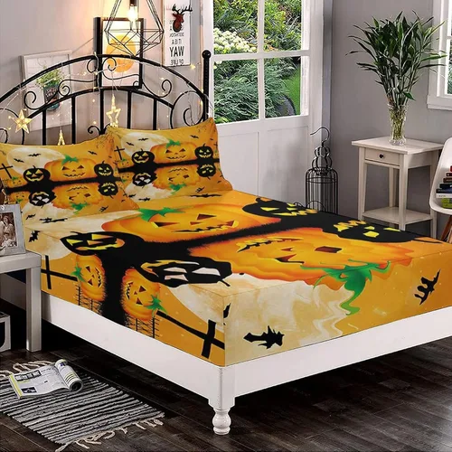 Miniatura 14 de Juego de sábanas bajeras decorativas tamaño Queen, sábanas bajeras de Halloween con bolsillos profundos y 2 fundas de almohada (sin sábana plana)