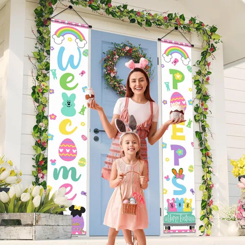 Miniatura 4 de Letrero Banner de Bienvenida de Conejito para Porche, 2 piezas Decoración de Puerta de Pascua Feliz, Tema de Ratón Letrero de Bienvenida para Puerta