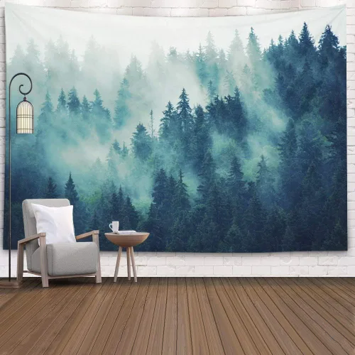 EMMTEEY Tapiz de pared con bosque - Árbol de pino verde y niebla, arte de pared natural, 80x60 pulgadas, tapiz grande de estilo bohemio para sala de