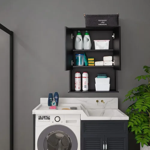 Miniatura 7 de VANIRROR Armario de pared de baño negro de 23 x 29 pulgadas, botiquín de madera con 2 puertas y estante ajustable, armario montado en la pared sobre