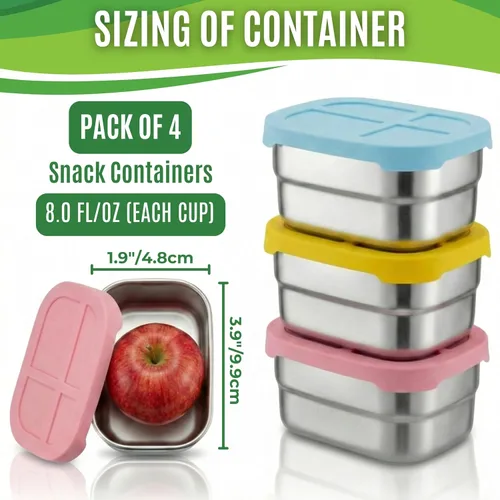 Miniatura 3 de Contenedores de acero inoxidable de 8 onzas con tapas de silicona, sin BPA y reutilizables, mini cajas de almacenamiento de alimentos