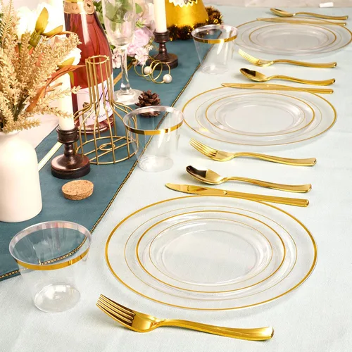 Miniatura 7 de FOCUSLINE Platos pequeños de plástico transparente dorado de 7 pulgadas, 100 unidades, platos transparentes desechables resistentes con borde Platos