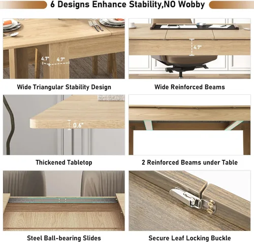 Miniatura 4 de Mesa de comedor extensible de 59 a 86 pulgadas para 6 a 10 personas, mesa de comedor de madera, mesa extensible moderna para reuniones, reuniones