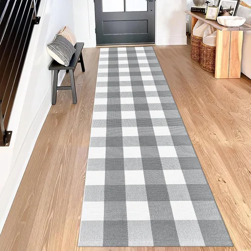 Miniatura 37 de Alfombra de Exterior de Cuadros Buffalo 2x3 pies, Alfombra Tejida de Algodón Negro y Blanco Roto, Tapetes para Puerta de Porche Frontal, Alfombra