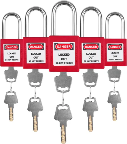 Miniatura 18 de Juego de 5 cerraduras de bloqueo con llave negra, 2 llaves por cerradura, candados de seguridad compatibles con OSHA para kit de etiqueta de bloqueo