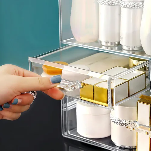 Miniatura 7 de Organizador de maquillaje acrílico grande transparente con tapa, cajones de almacenamiento de cosméticos, organizadores de maquillaje portátiles