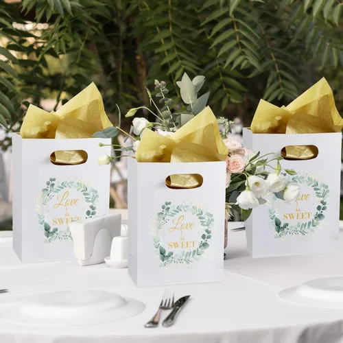 Miniatura 7 de TaoBary 60 bolsas de papel kraft con asas de 8.7 x 5.9 pulgadas, diseño de eucalipto para despedida de soltera, suministros para galletas