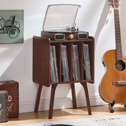 Miniatura 4 de LELELINKY Soporte para tocadiscos, mesa de almacenamiento de discos de vinilo de nogal con 4 gabinetes de hasta 100 álbumes, soporte para tocadiscos