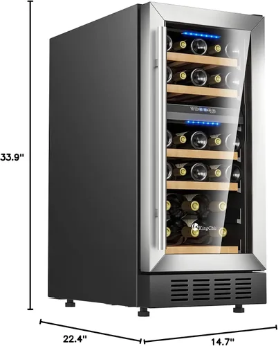 Miniatura 2 de KingChii Refrigerador de vino de doble zona de 15 pulgadas, con 26 botellas, compresor profesional, acero inoxidable y vidrio templado para vino