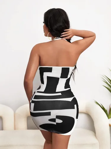 Miniatura 2 de WDIRARA Minivestido ajustado de punto acanalado sin mangas con estampado geométrico para mujer