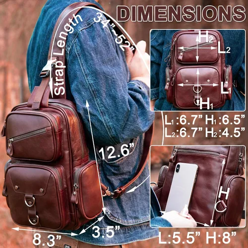 Miniatura 5 de Bolso bandolera de cuero genuino para hombre, bolso cruzado grande, bolso de hombro casual, mochila antirrobo, bolsa de viaje en el pecho