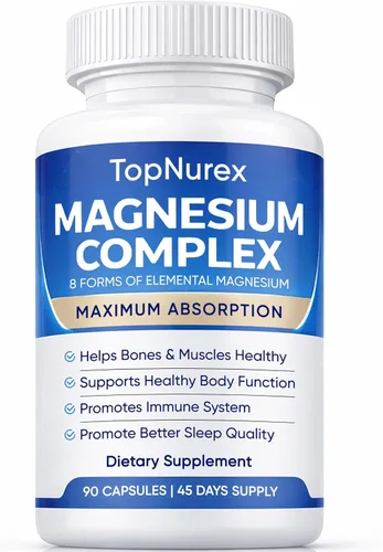 Top Nurex - Suplemento complejo de magnesio para mujeres y hombres, 1000 mg de absorción máxima, 8 formas de magnesio que incluyen glicinato,