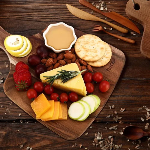 Miniatura 2 de hecef Juego de 3 tablas de queso, un plato de queso de madera de acacia, un cuchillo, un tenedor, plato de charcutería, juego de pizarra para servir