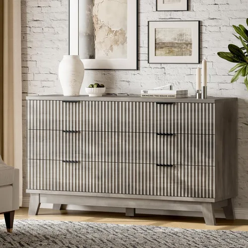 Miniatura 3 de Xixini Cómoda acanalada con 6 cajones, cómoda moderna de 54 pulgadas de ancho con mango de metal, soporte de TV de madera, organizador