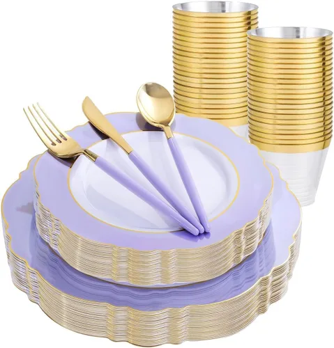 Miniatura 24 de WDF - Vajilla de plástico desechable para 30 invitados platos color oro y cubiertos color oro con mango blanco - Vajilla de plástico barroco blanco