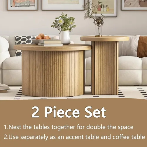Miniatura 7 de Mxtxmy Juego de 2 Mesas de Café Anidadas de Estilo Granja, Mesa de Café Redonda para Sala de Estar, Juego de Mesas de Café con Acabado de Madera