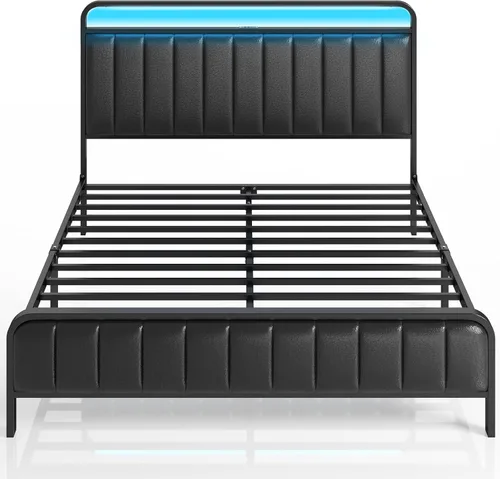 Miniatura 7 de Rolanstar Estructura de cama tamaño completo con luz LED y estación de carga, cabecera y pie de cama tapizados, listones de metal, sin ruido, fácil