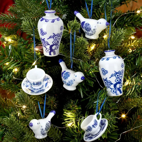 Miniatura 3 de Funtery Adornos de porcelana azul y blanca de 9 piezas, colgantes colgantes de calabaza de otoño de Chinoiserie, adornos de cerámica para árbol