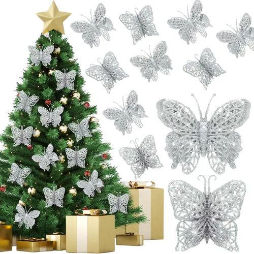 Miniatura 8 de Liliful 32 piezas de adorno de mariposa de purpurina navideña con clip, mariposa hueca, decoración de Navidad artificial, adorno colgante con clip